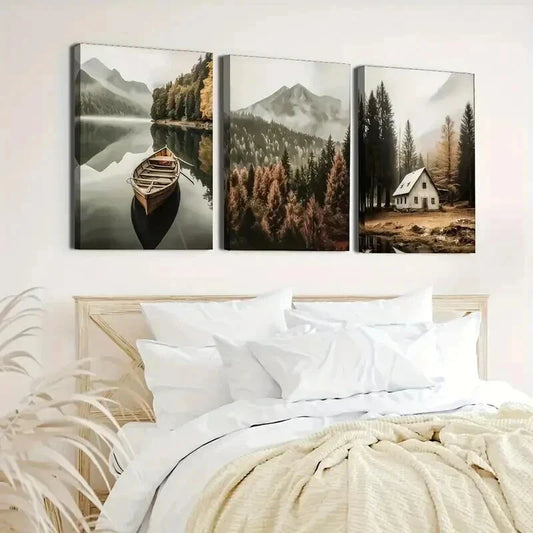 3pcs Rural Farmhouse and Lake View Wall Art Set Canvas Framed 40x60cm - High Quality Print 100% Australian Made Wall Canvas Ready to Hang