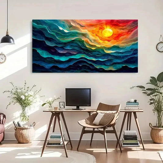 Waves & Sunrise Ocean Abstracct Wall Art Canvas Office Home Room Framed 120x60cm