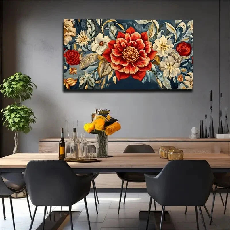 White Flowers On Dark Blue Wall Art Canvas Office Home Room Framed 120x60cm