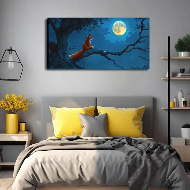 Red Fox Sitting Branch Moon Wall Art Canvas Office Home Room Framed 120x60cm