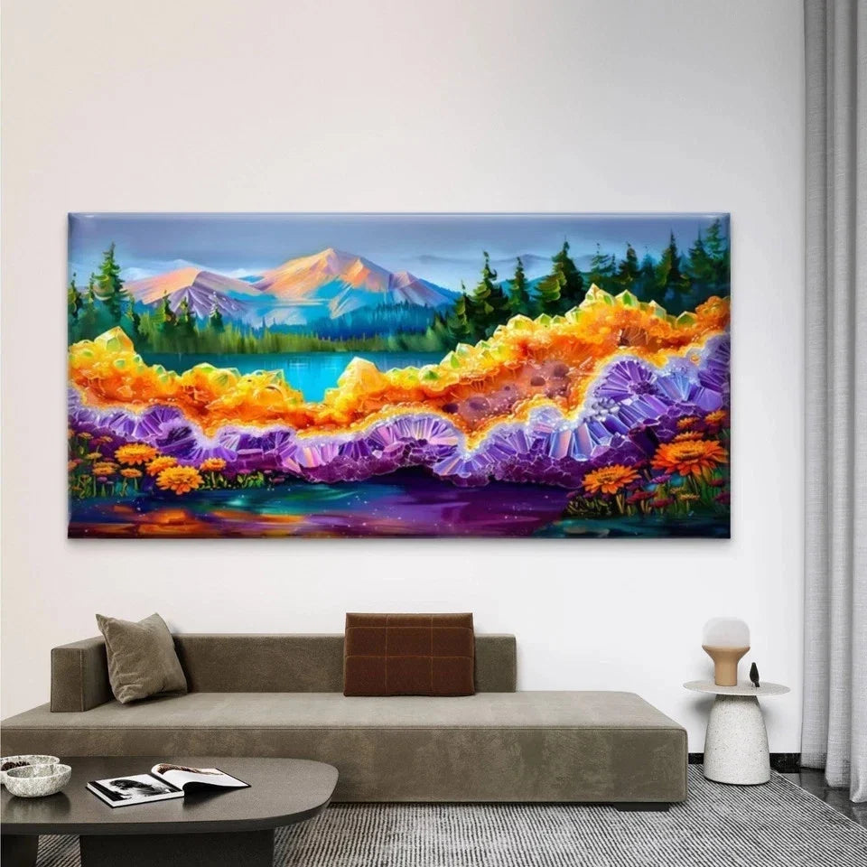 Colorful Crystal Stone Flowers Wall Art Canvas Office Home Room Framed 80x45cm