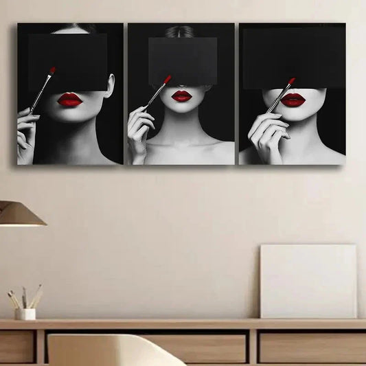 3pcs A Woman in Red Lipstick Darkness Perfect Wall Art Set Canvas Framed 40x60cm - High Quality Print 100% Australian Made Wall Canvas Ready to Hang