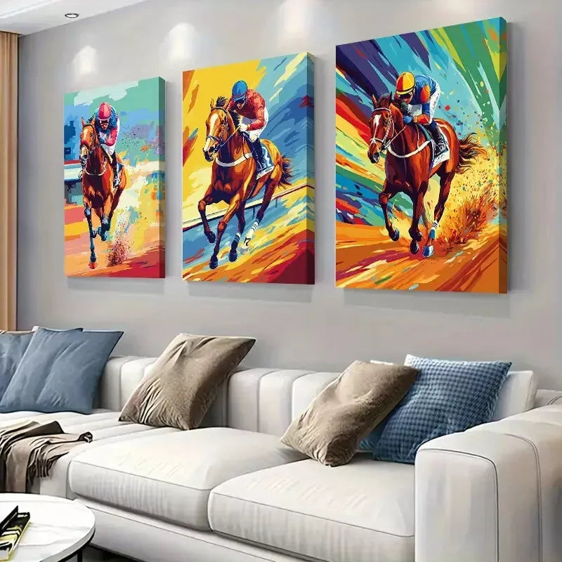 3pcs colorful pop art style Horse Racing  Wall Art Set Canvas Framed 40x60cm - High Quality Print 100% Australian Made Wall Canvas Ready to Hang