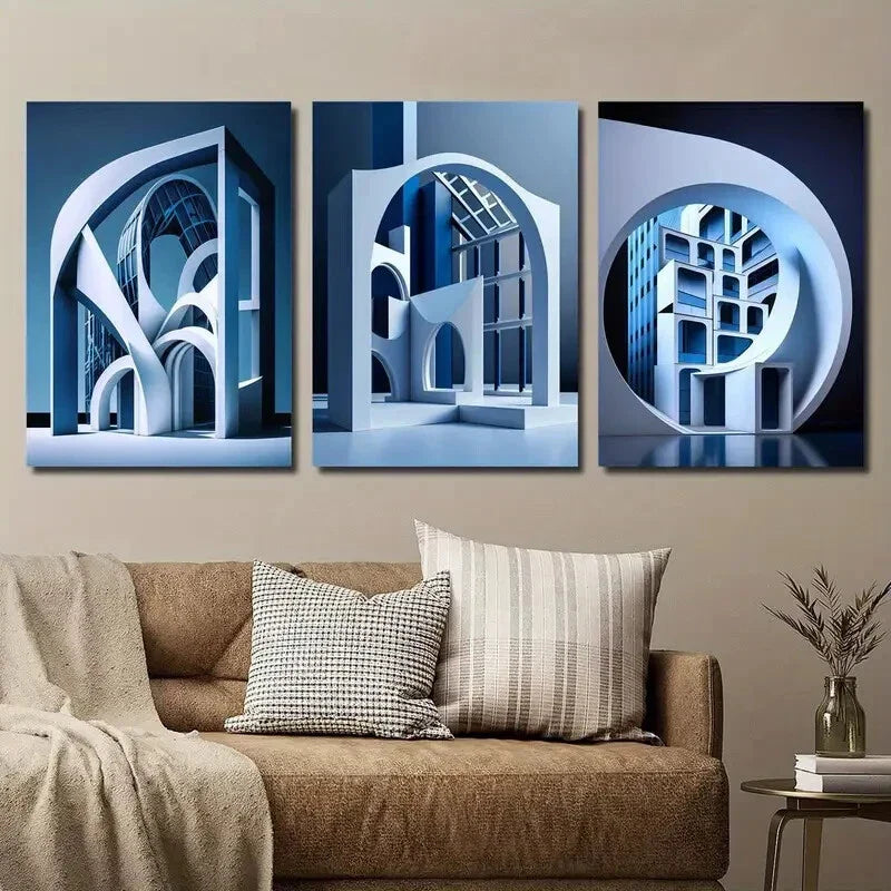 3pcs Modern Abstract Blue Geometric Cityscape Wall Art Set Canvas Framed 40x60cm - High Quality Print 100% Australian Made Wall Canvas Ready to Hang