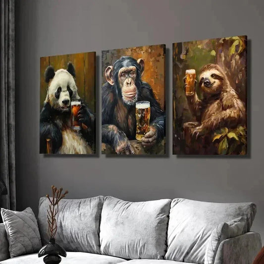 3pcs Cute Wild Animal Drinking Beer Wall Art Set Canvas Framed 40x60cm - High Quality Print 100% Australian Made Wall Canvas Ready to Hang