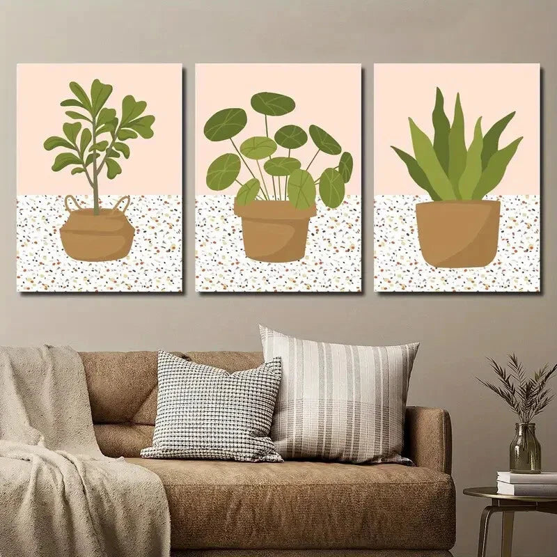 3pcs Potted Plants Illustration Wall Art Set Canvas Framed 40x60cm - High Quality Print 100% Australian Made Wall Canvas Ready to Hang