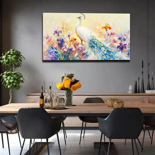 White Peacocks & Vibrant Flower Wall Art Canvas Office Home Room Framed 120x60cm