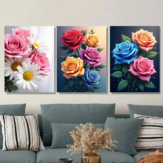 3pcs Colorful Rose and Daisy Modern Floral Metal Print Ready to Hang Art