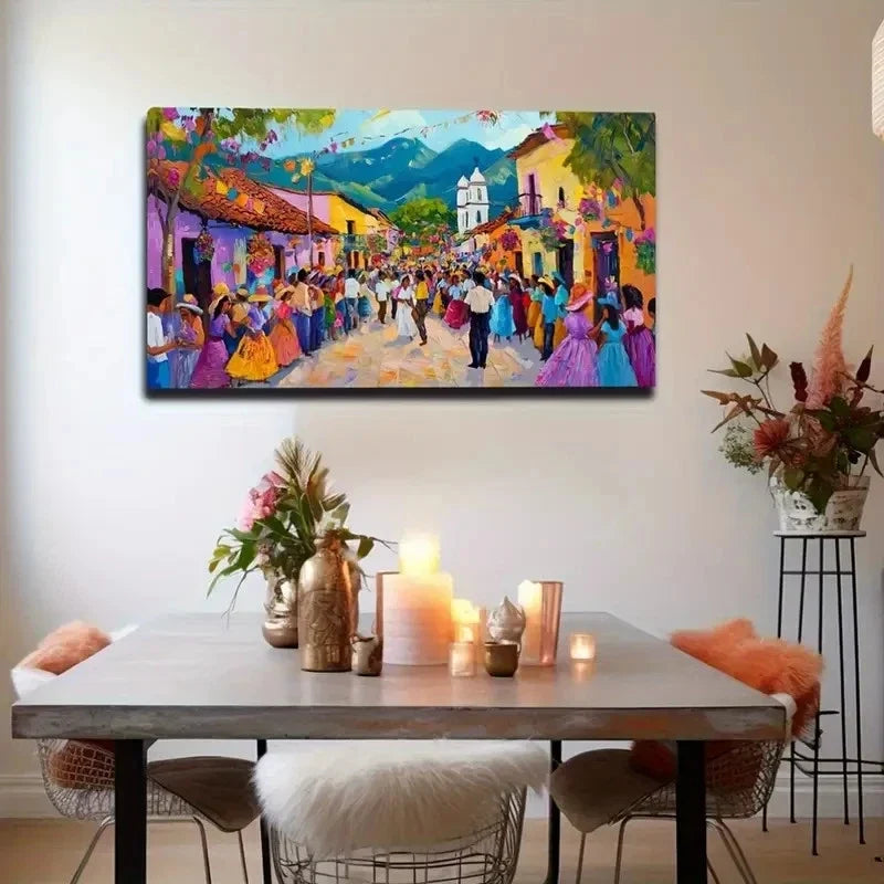 Vibrant Festival Scene Deco Wall Art Canvas Office Home Room Framed 120x60cm
