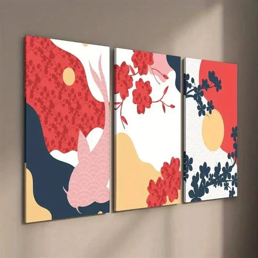 3pcs Japanese Flower Animal & Fish Illustration Wall Art Set Canvas Framed 40x60cm - High Quality Print 100% Australian Made Wall Canvas Ready to Hang
