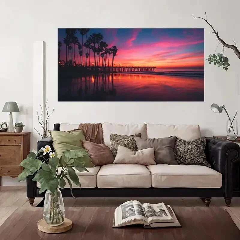 Beach Sunset Palm Trees Wall Art Canvas Office Home Room Framed 80x45cm