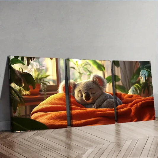 3pcs Cute Koala Adorable Nature Leaf Perfect Wall Art Set Canvas Framed 40x60cm - High Quality Print 100% Australian Made Wall Canvas Ready to Hang