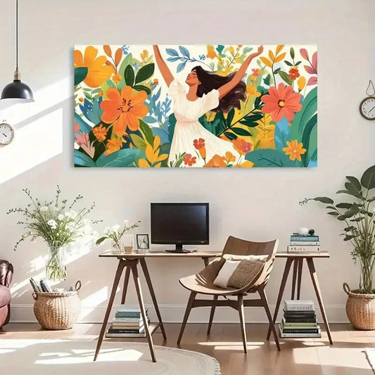 Vibrant Tropical Woman White Wall Art Canvas Office Home Room Framed 120x60cm