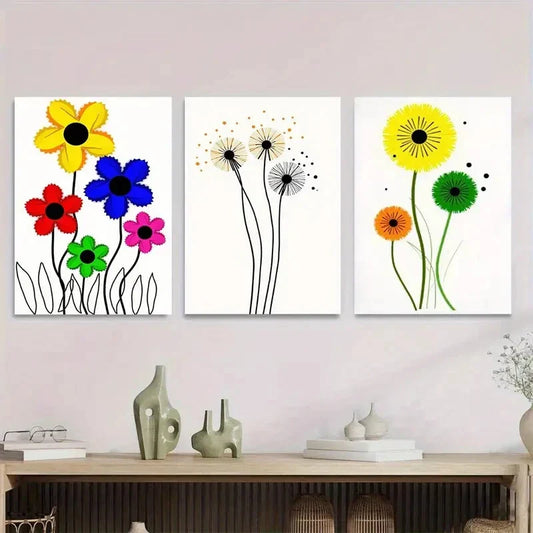 3pcs Colorful Flowers with Black Accents Metal Print Ready to Hang Art