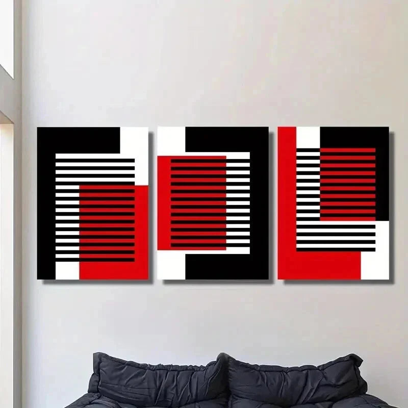 3pcs Abstract Geometric Black White Red Line Wall Art Set Canvas Framed 40x60cm - High Quality Print 100% Australian Made Wall Canvas Ready to Hang