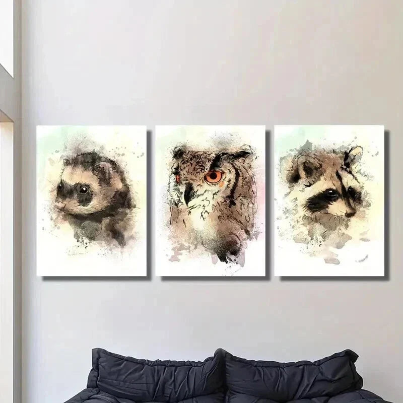 3pcs Watercolor Ferret Raccoon Owl Portrait Wall Art Set Canvas Framed 40x60cm - High Quality Print 100% Australian Made Wall Canvas Ready to Hang