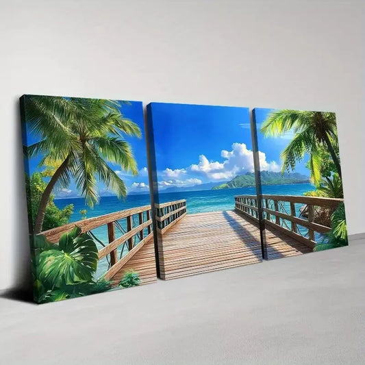 3pcs Summer Beach Sunset  with Blue Sky and Pier Wall Art Set Canvas  Framed 40x60cm - High Quality Print 100% Australian Made Wall Canvas Ready to Hang