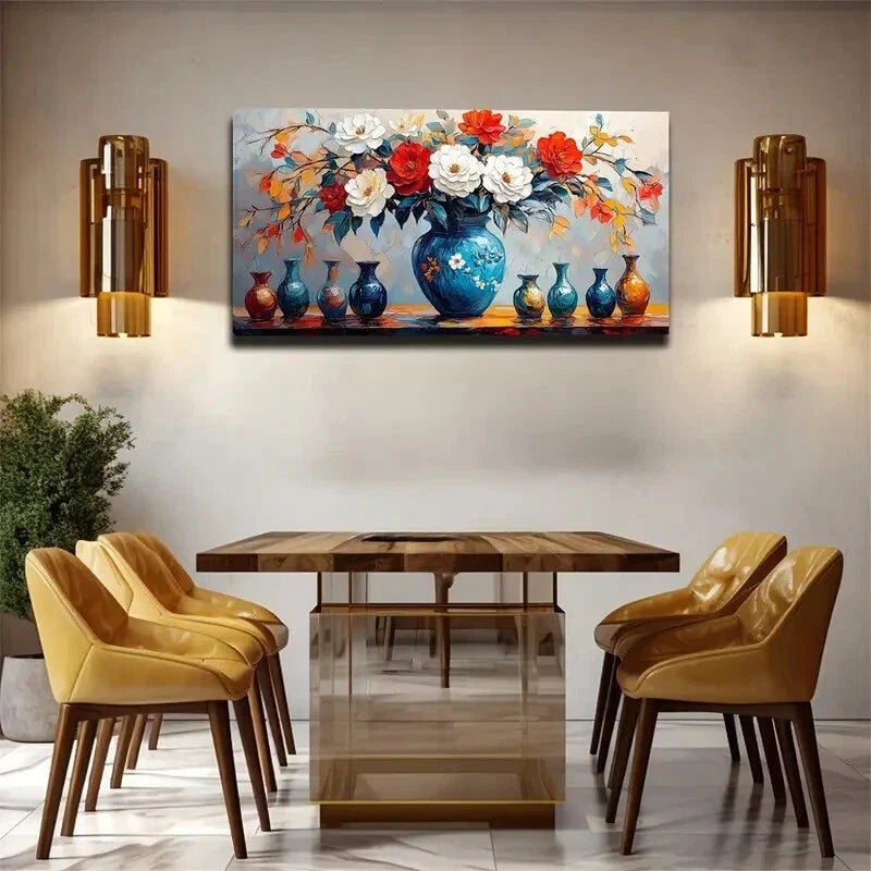 Blue Vase With Floral Design Wall Art Canvas Office Home Room Framed 120x60cm