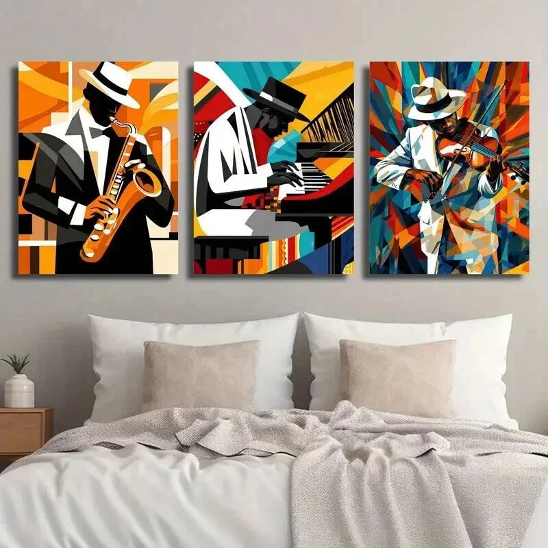 3pcs Jazz Saxophone Violin Player Pianist Wall Art Set Canvas Framed 40x60cm - High Quality Print 100% Australian Made Wall Canvas Ready to Hang