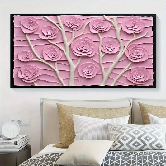 Embossed Pink Roses On Textured Wall Art Canvas Office Home Room Framed 120x60cm