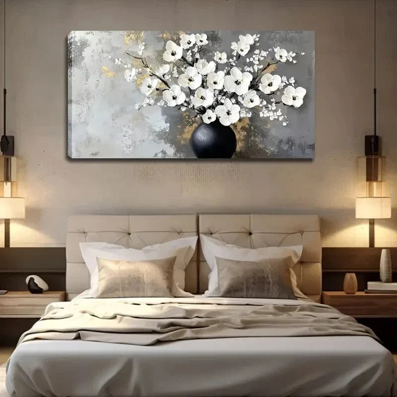 Black Vase with White Flowers Wall Art Canvas Office Home Room Framed 120x60cm