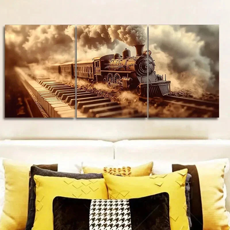 3pcs Old piano steam train Art Painting Metal Print Ready to Hang Art