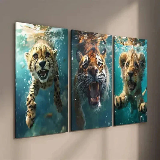 3pcs Cheetah Tiger Lion Swimming Wall Art Set Canvas Framed 40x60cm - High Quality Print 100% Australian Made Wall Canvas Ready to Hang
