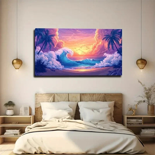 Vibrant Sunset Beach Scene Wall Art Canvas Office Home Room Framed 80x45cm