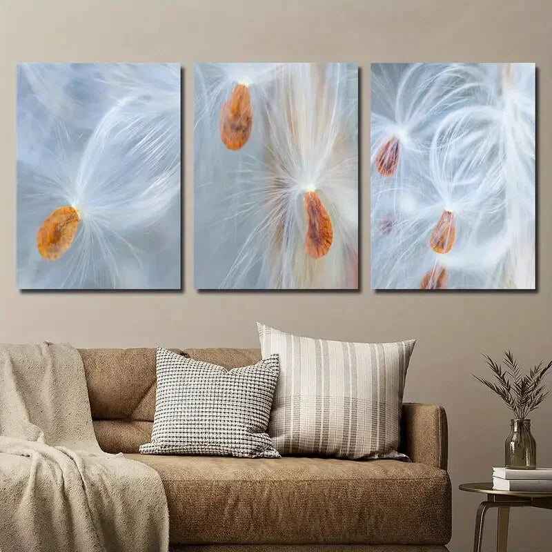 3pcs Vibrant Botanical Milkweed Seed Decor Wall Art Set Canvas Framed 40x60cm - High Quality Print 100% Australian Made Wall Canvas Ready to Hang