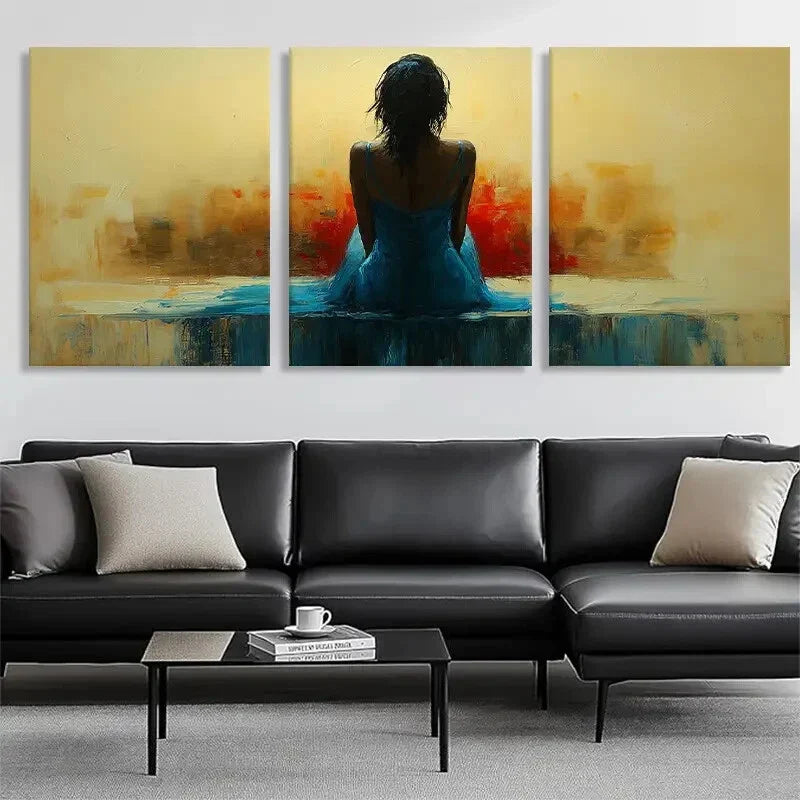 3pcs Woman in Blue Dress Abstract Serene Perfect Wall Art Set Canvas Framed 40x60cm - High Quality Print 100% Australian Made Wall Canvas Ready to Hang
