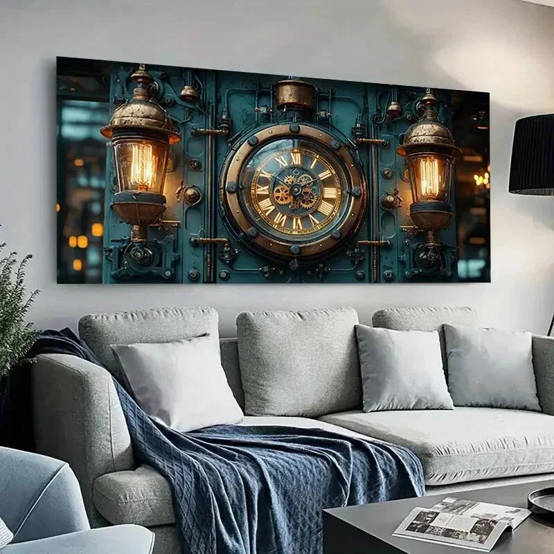 Vintage Lanterns and Clocks Wall Art Canvas Office Home Room Framed 80x45cm