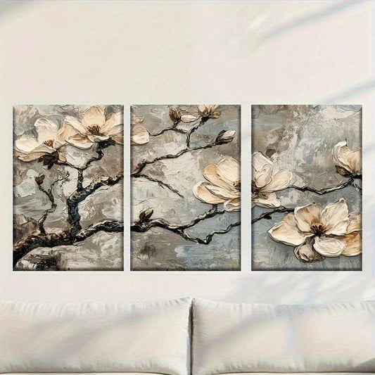 3pcs White Flower Pattern on Grey Background Metal Print Ready to Hang Art