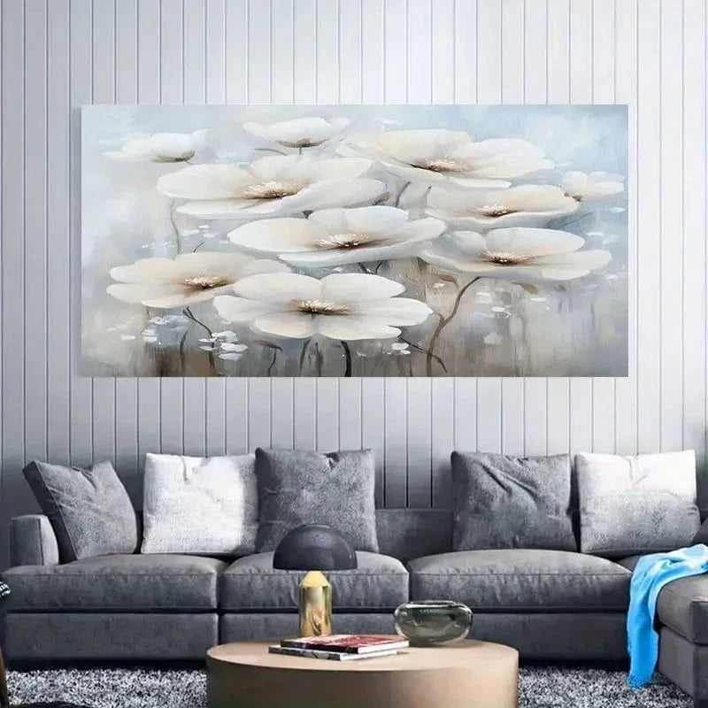 Modern White Flower Wall Art Canvas Office Home Room Framed 120x60cm