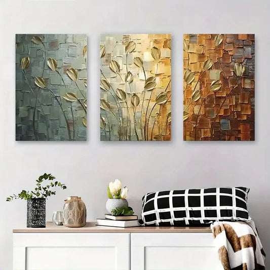 3pcs Elegant White Flowers on Soft Golden Metal Print Ready to Hang Art