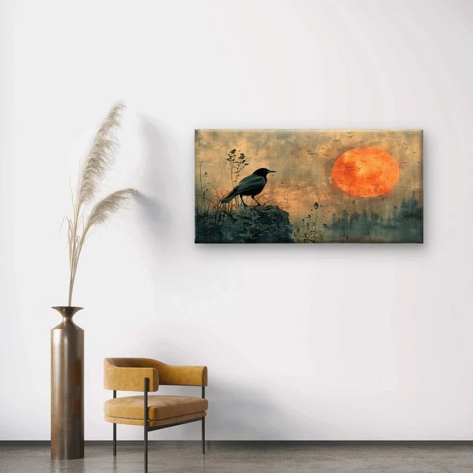 Crow And Red Sun Gothic Painting Wall Art Canvas Office Home Framed 120x60cm