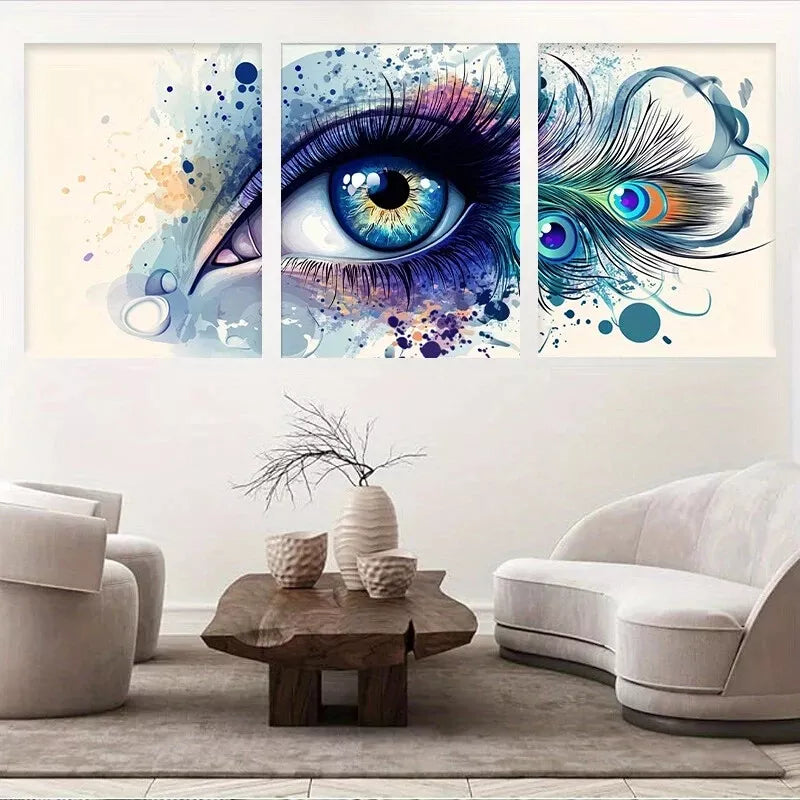 3pcs Vibrant Abstract Eye & Peacock Feather   Wall Art Set Canvas Framed 40x60cm - High Quality Print 100% Australian Made Wall Canvas Ready to Hang