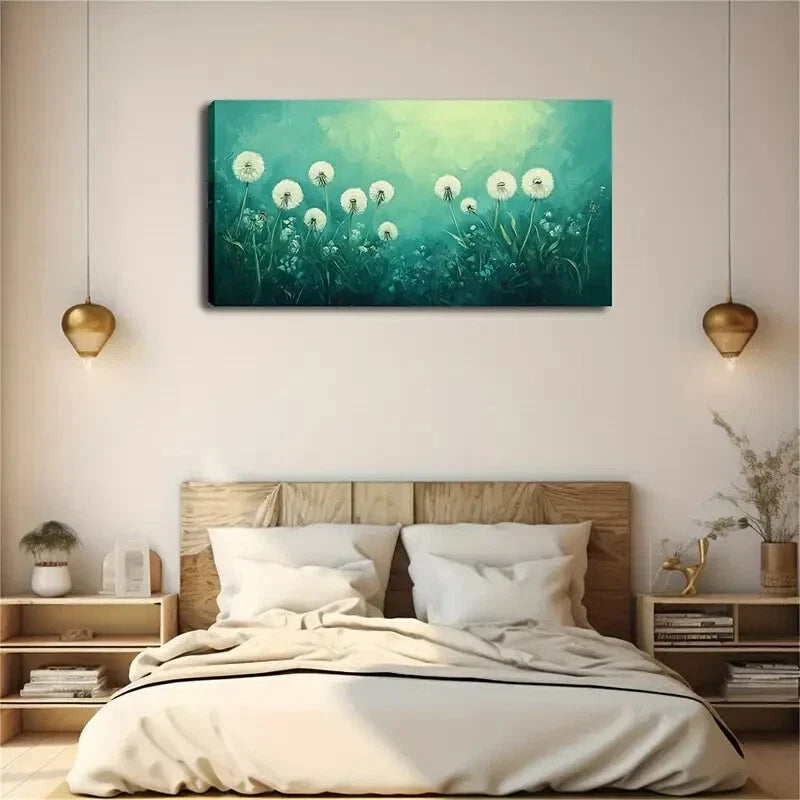 The White Dandelion Green Wall Art Canvas Office Home Room Framed 120x60cm