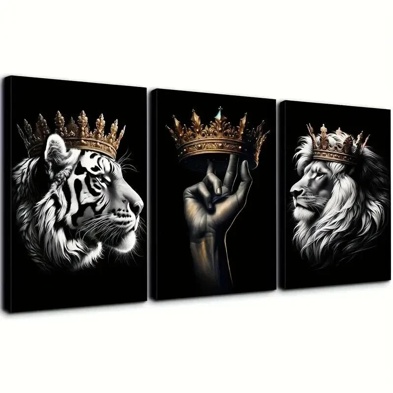 3pcs  Crowned Lion and Tiger Decorative Pattern Wall Art Set Canvas Framed 40x60cm - High Quality Print 100% Australian Made Wall Canvas Ready to Hang