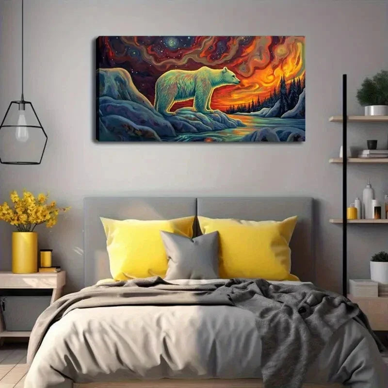 Polar Bear and Northern Lights Wall Art Canvas Office Home Room Framed 120x60cm