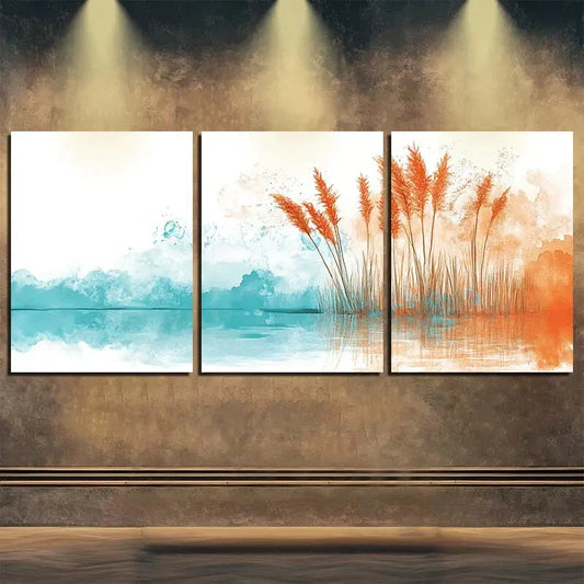 3pcs Red Grass & Serene Lake Scene Perfect Wall Art Set Canvas Framed 40x60cm - High Quality Print 100% Australian Made Wall Canvas Ready to Hang