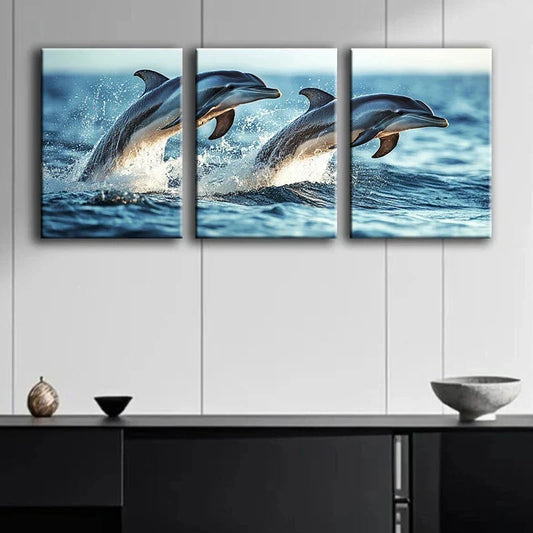 3pcs Oceanic Dolphins Leap Design Metal Print Ready to Hang Art