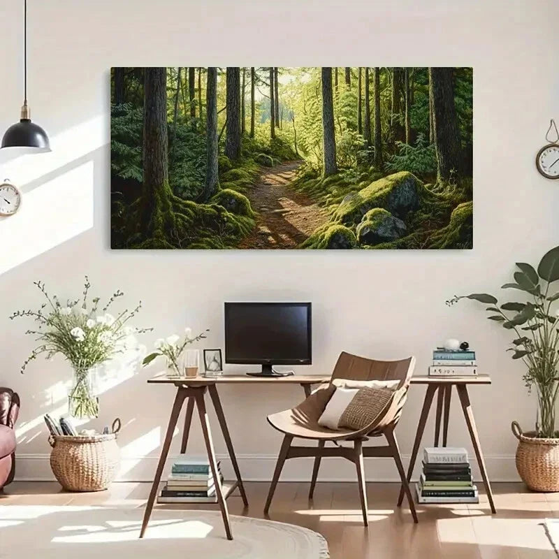 Mossy Trees & Sunlit Pathway Wall Art Canvas Office Home Room Framed 80x45cm