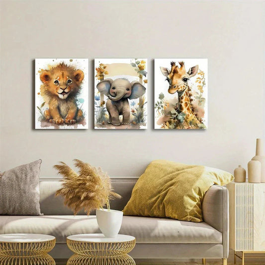3pcs Animals Lion Elephant Giraffe Metal Print Ready to Hang Art