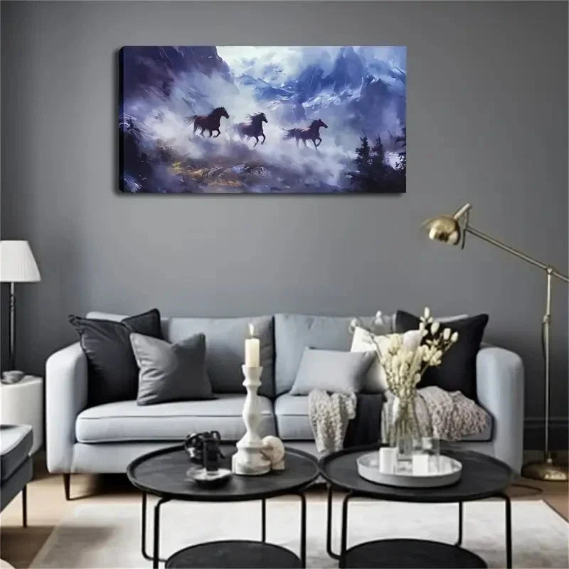 Three Horses Galloping In Snow Wall Art Canvas Office Home Room Framed 120x60cm