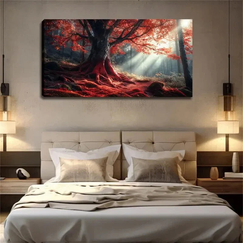 Majestic Red Tree Autumn Décor Wall Art Canvas Office Home Room Framed 120x60cm