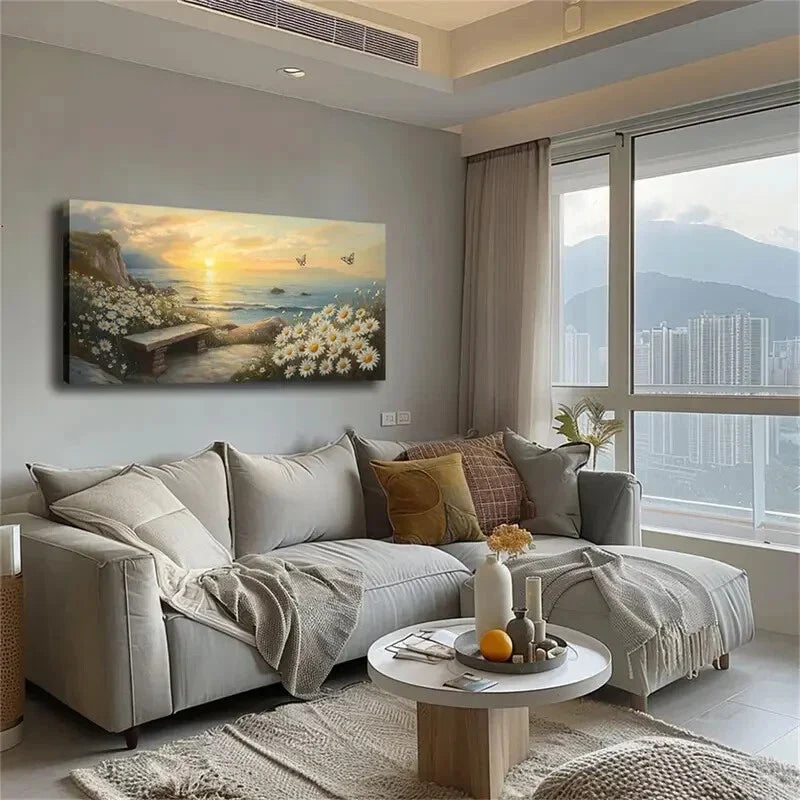 The Sun Near The Horizon Fields Wall Art Canvas Office Home Room Framed 120x60cm