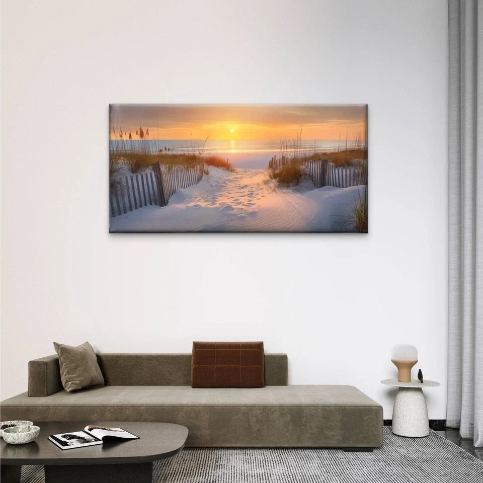 Beach Scene Sunset Sand Dunes Wall Art Canvas Office Home Room Framed 80x45cm