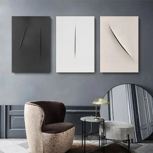 3pcs Modern Geometric Beige Black White Metal Print Ready to Hang Art
