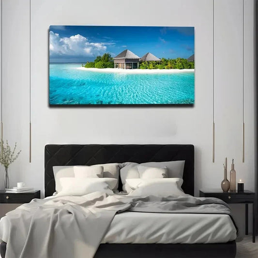 Vibrant Beach Scene Palm Tree Wall Art Canvas Office Home Room Framed 80x45cm
