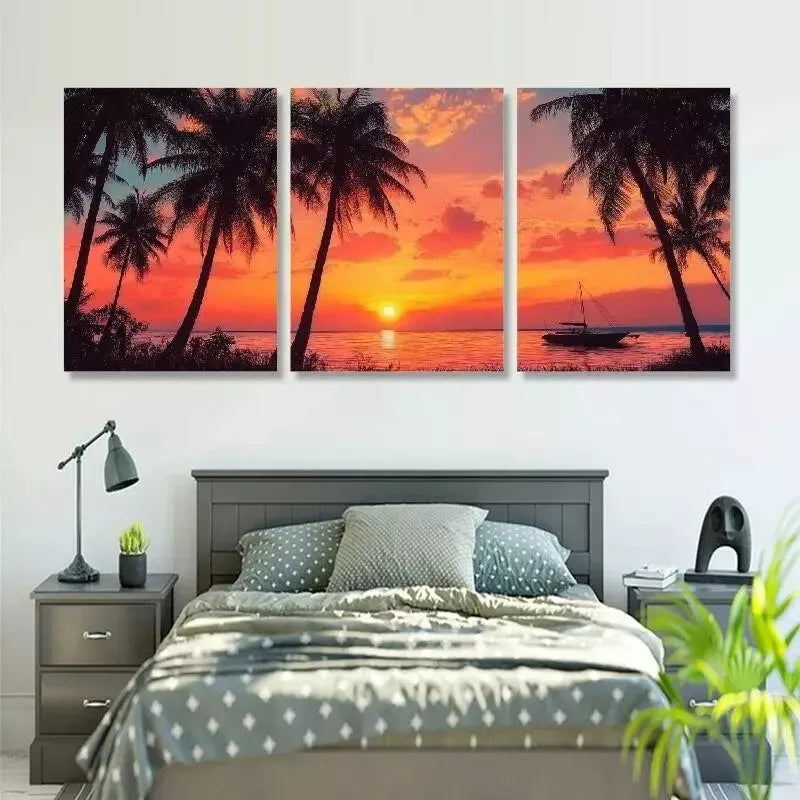 3pcs Silhouette Coconut Palm Trees on Beach Wall Art Set Canvas Framed 40x60cm - High Quality Print 100% Australian Made Wall Canvas Ready to Hang